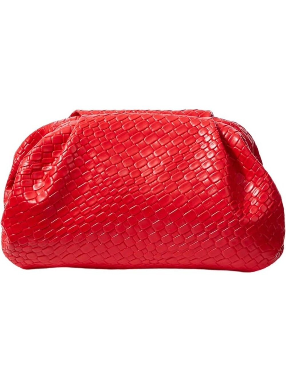 Women's Red Straw Woven Faux Pearl Ruched Dumpling Clutch Evening Bag Purse